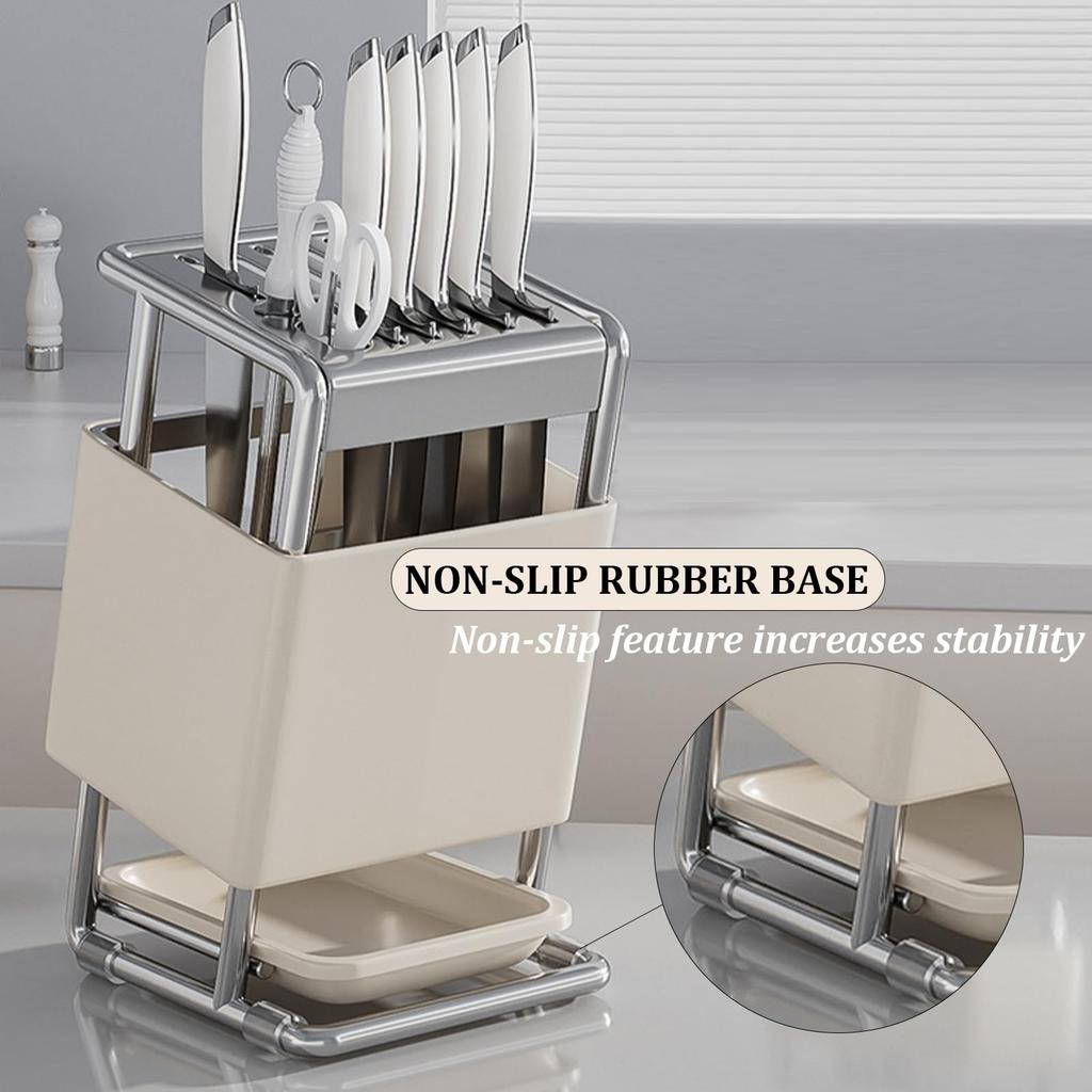 Knife Holder and Utensil Holder Stainless-Steel,Knife Storage with Slots for Scissors,Sharpening Rod,Stable Knife Organizer