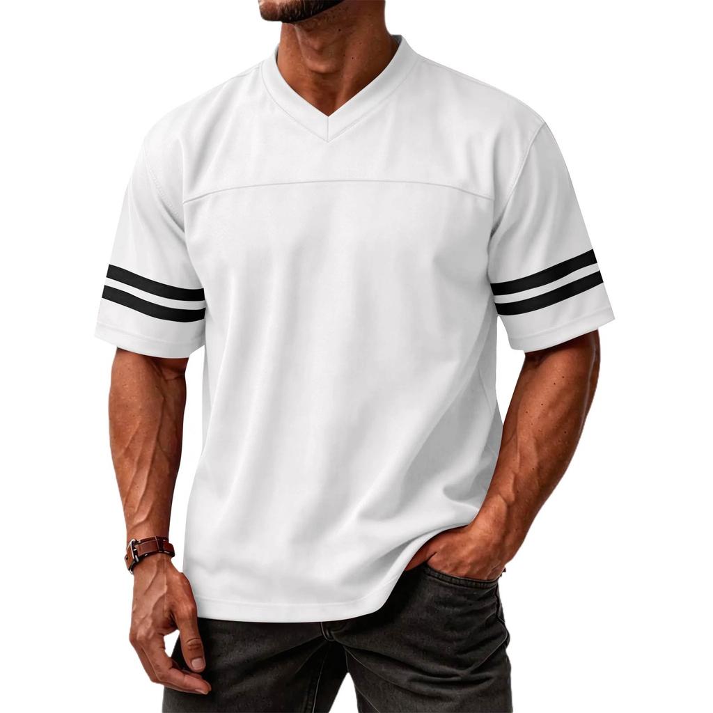 Pánský ležérní klasický top s bloky barev, výstřihem do V, lehký, prodyšný, s krátkým rukávem