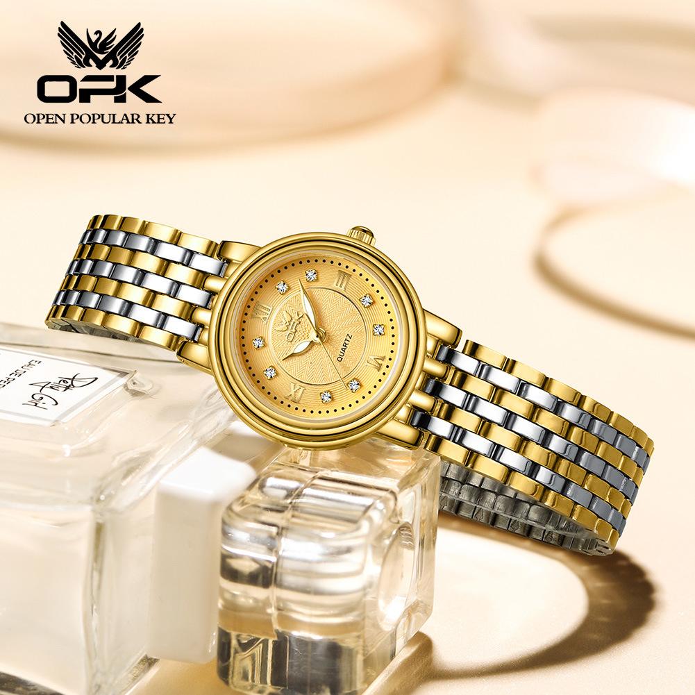 OPK Brand Couple Luminous Diamond Scale Exquisite Men's and Women's Trend Quartz Watch Women's Leisure Steel Belt Waterproof Watch