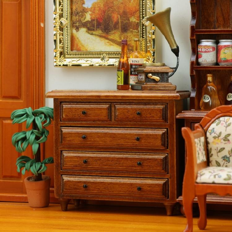 Realistic 1/12 Miniature Dresser Chestnut Wooden Cabinet With Drawers For Dollhouses Bedroom Retro Decors Accessories