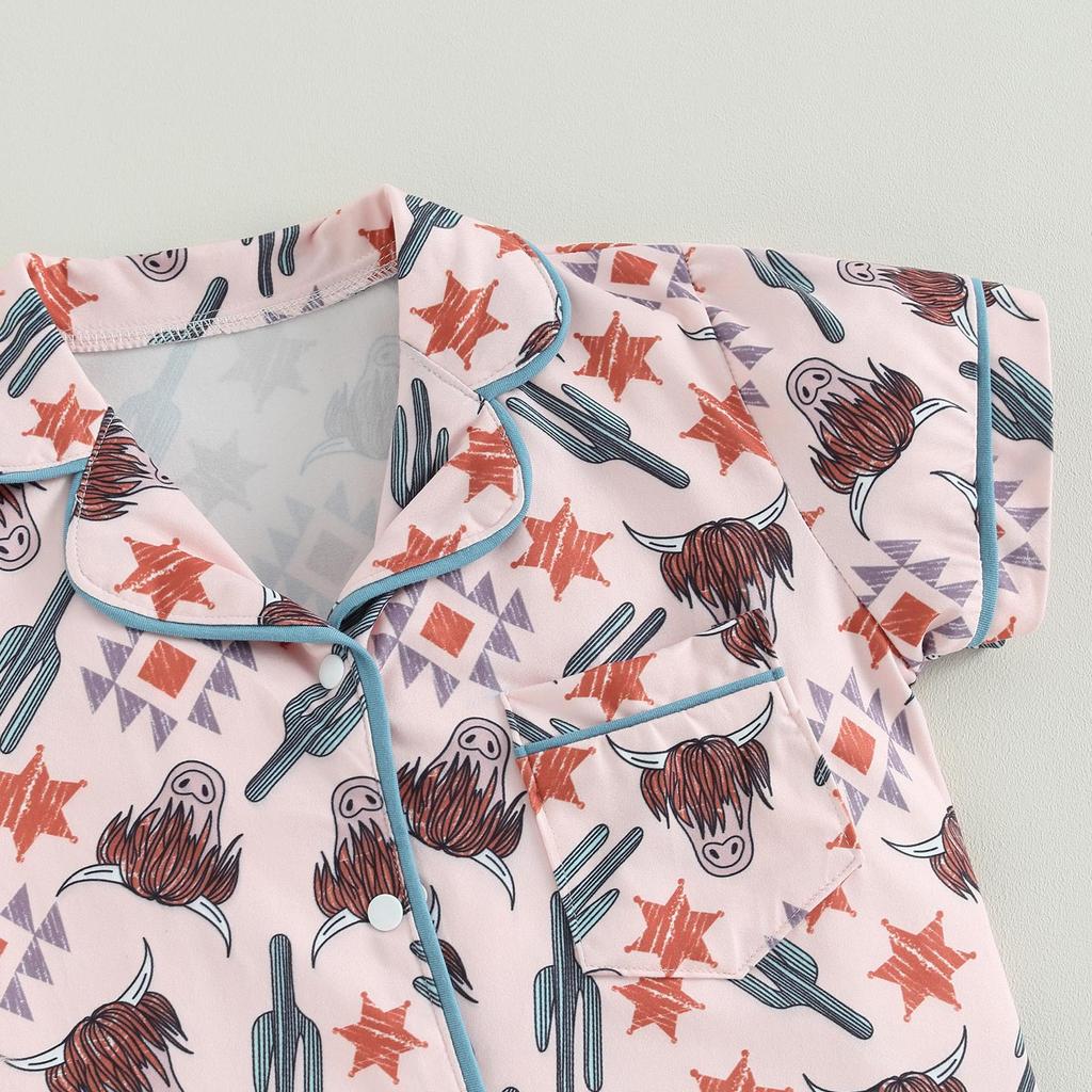 1-6Y Toddler Girls Cow Print Short Sleeve Button-Up Pajamas Top Shorts Summer 2PC Cotton Flower Pajamas Set