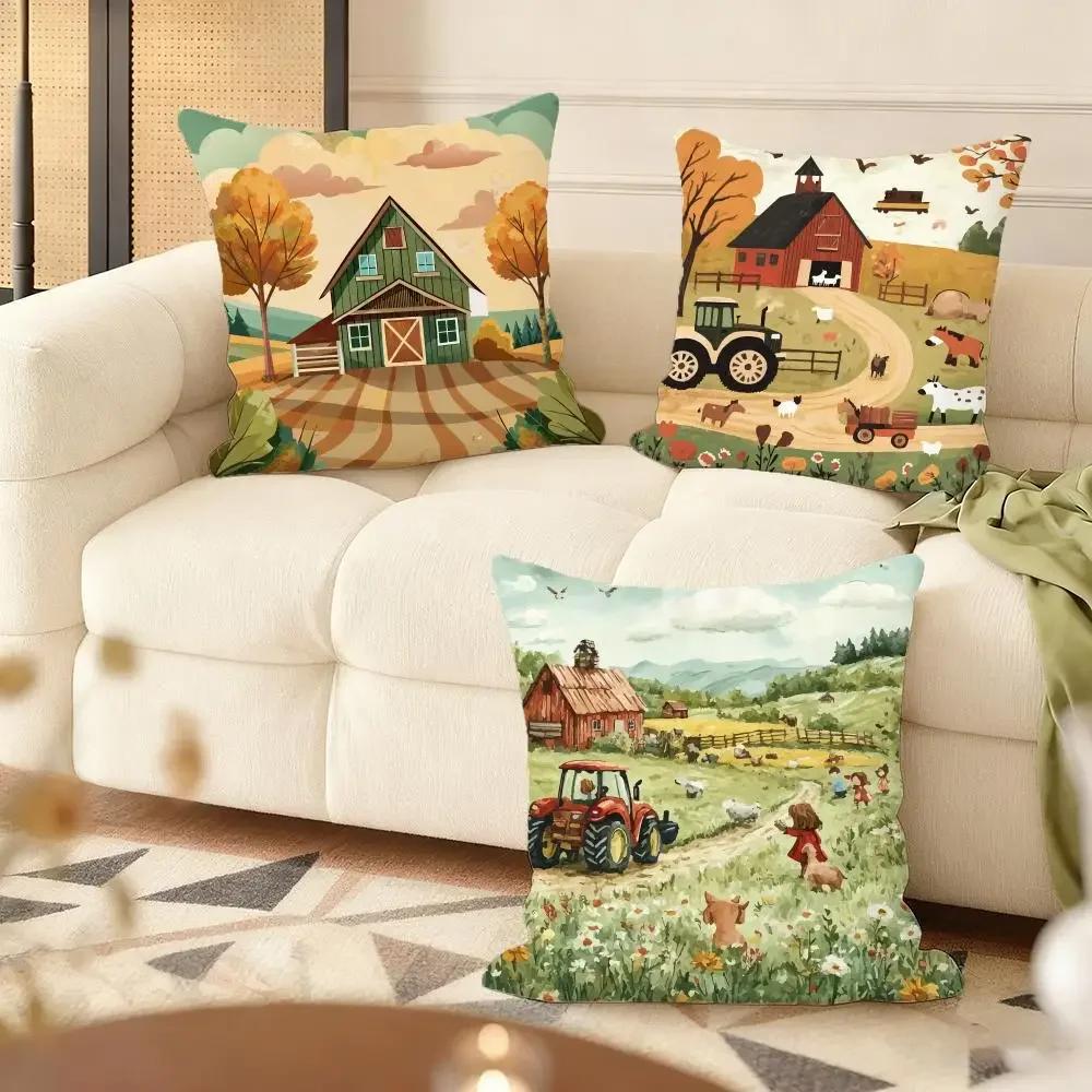 Colorful Farm Painting Cushion Cover Soft Plush Throw Pillow Cover DoubleSided Decorative Cushion Case Sofa Bedroom Home Decor
