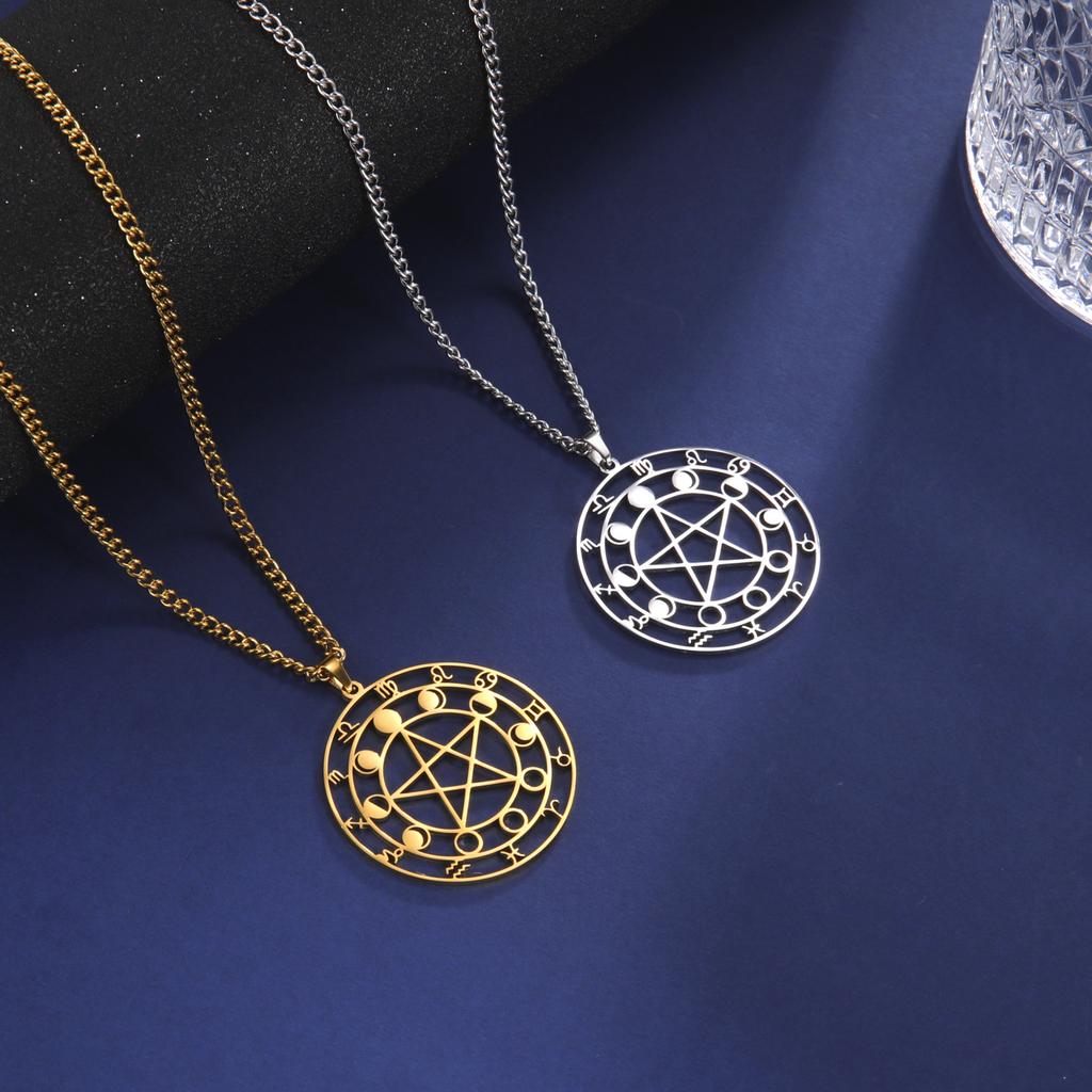 Minimalist Hollow-Out Round Zodiac Pendant Necklace with Star and Moon Design