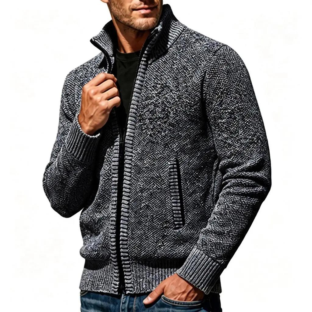 Men's Lined Long Sleeve Zip Up Sweater Cardigan with Stand Collar and Color Block Design