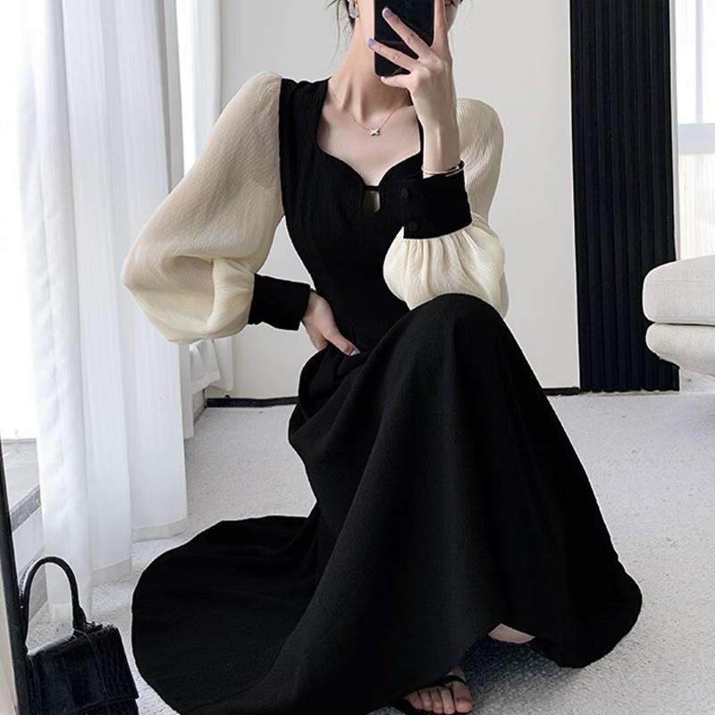 

Французское лоскутное платье из шифона с рукавами-фонариками в стиле колор-блок - Женское весенне-осеннее макси А-силуэта с квадратным вырезом 2XL