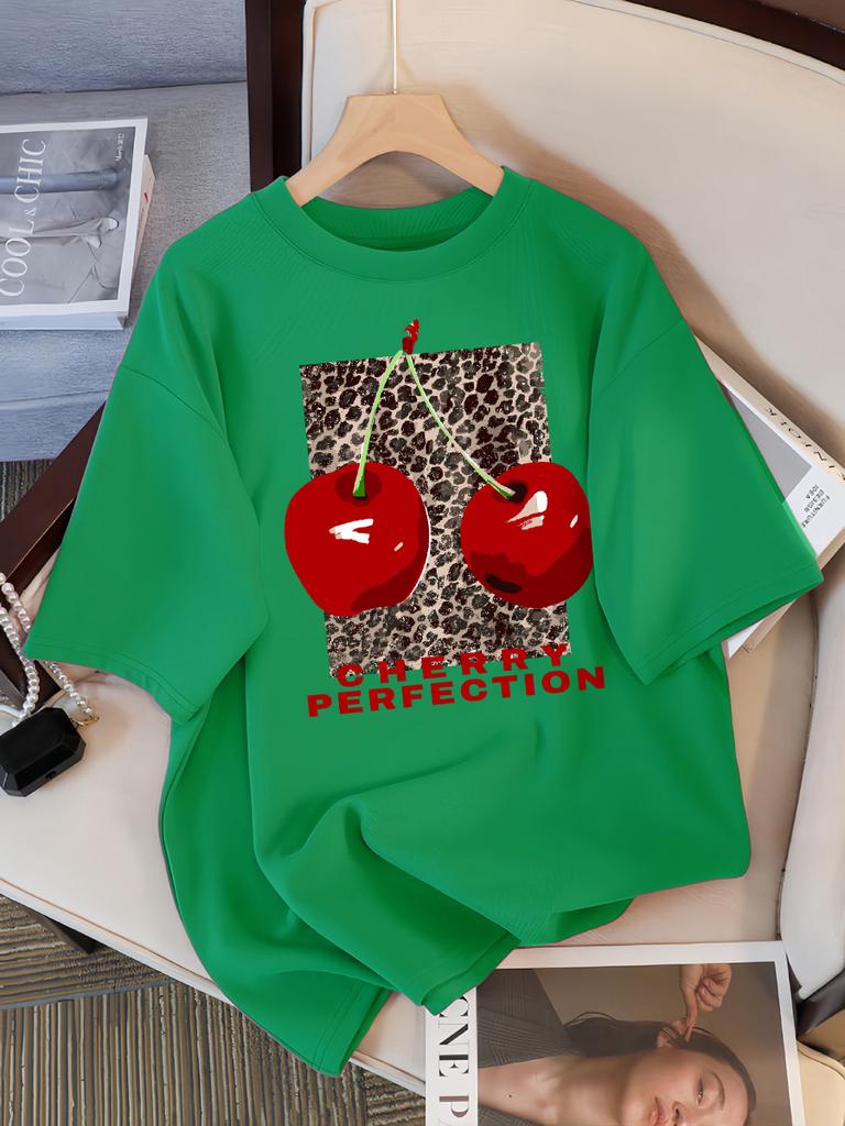 Fashion Leopard And Cherry Perfection Pattern T Shirt Women Summer Soft Tops Cotton All-Match Short Sleeve O-Neck Loose T-Shirts