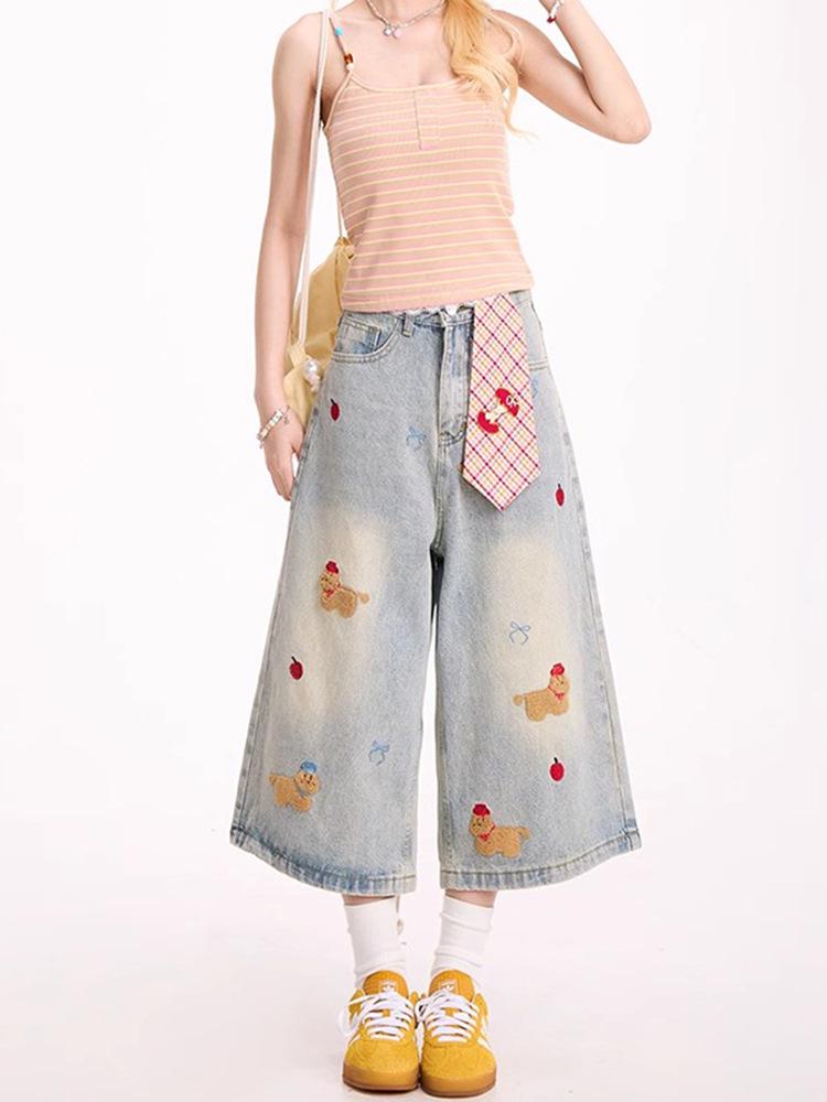 

Женские милые ретро джинсовые шорты с вышивкой щенка из шенилла - Лето 2025, свободный крой длиной семь восьмых Small светло-синий