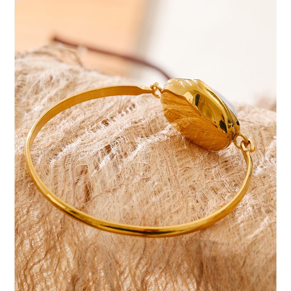 Yhpup 60mm Baroque Imitation Pearls Bracelet Bangle for Women 18K Golden PVD Plated Vintage Fashion Wrist Jewelry Accessories