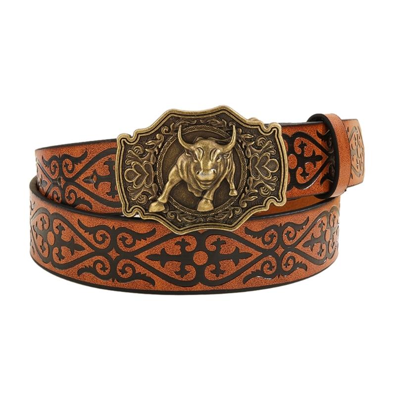 Vintage Men Teens Relief Bull Head Waist Belt PU Embossed Pattern Cowboy Belt