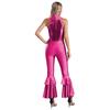 Womens Shiny Sequins Jumpsuit Sleeveless Turn-Down Collar Zipper Rhinestone O-Ring Front Tiered Bell-Bottom Bodysuit
