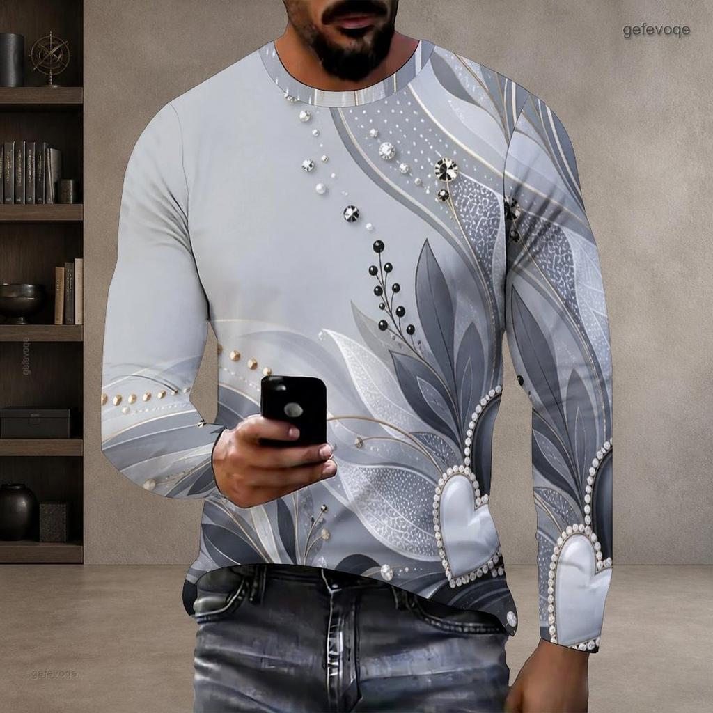Men Plus Size Round Neck Long Sleeve T Shirt Black Sparkle Star Print Pullover Straight Hem