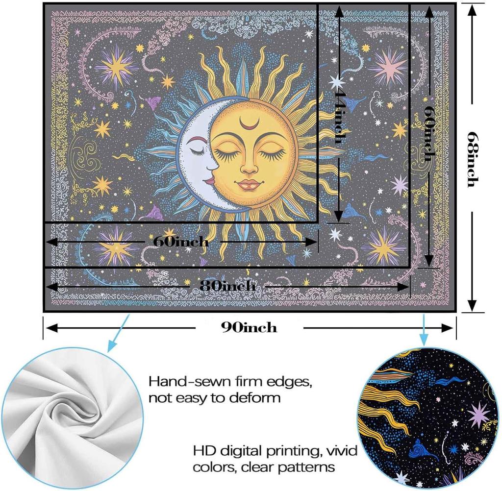 Boho Sun and Moon Tapestry, Colorful Celestial Starry Sky Mandala Print Wall Hanging for Bedroom Living Room Dorm Decor