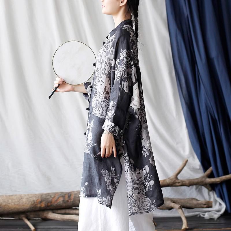 Women's Ethnic Print Retro Stand Collar Midi Shirt with Frog Button, Sun Protection, Loose Fit, Plus Size Outerwear.