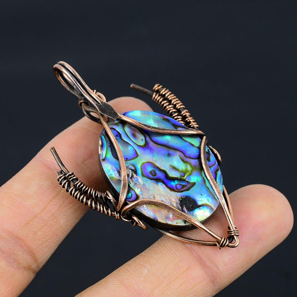 Abalone Shell 999 Copper Wire Wrapped Pendant, Handmade Gemstone Bull Face Pendant Jewelry, Gifts For Wife Brand New Pendant