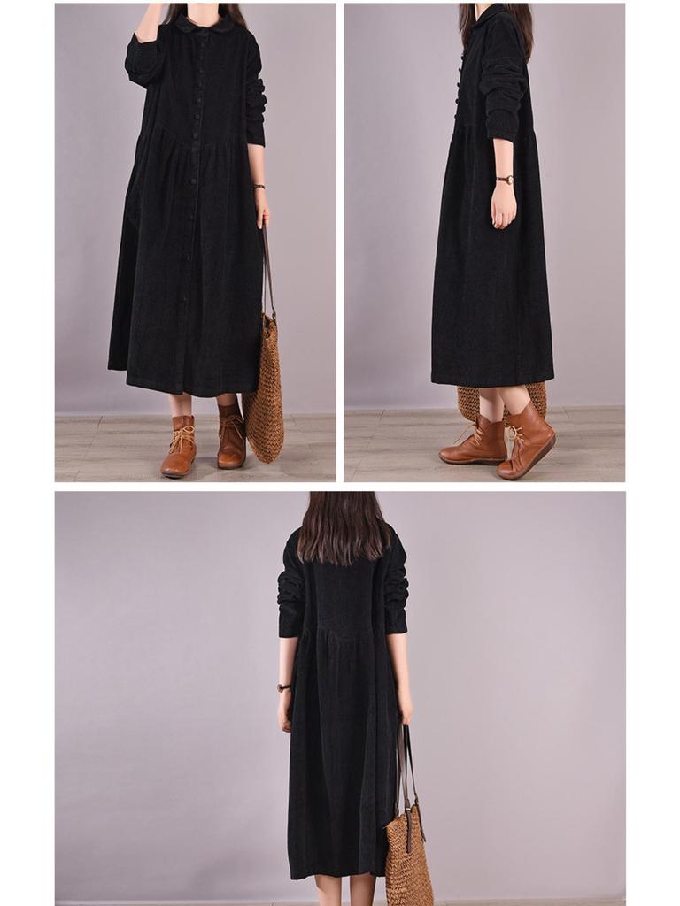 2025 Spring/Autumn Retro Corduroy Loose Long Sleeve Solid Color Dress