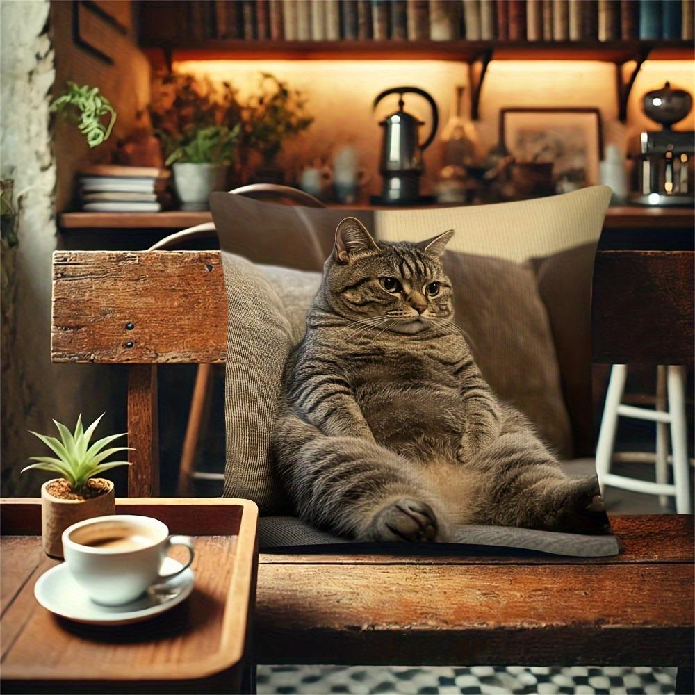 Retro Chic Fat Cat Print Pillowcase Modern Style Durable and Soft Polyester Fiber Cushion Pillow Cover Decoration