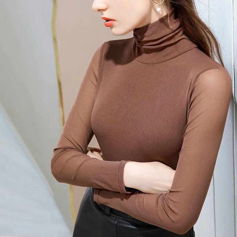 WTEMPO Lady Spring and Autumn Stretchy Mesh High Collar T-Shirts Bottoming Shirts Women's Long Sleeve Solid Slim Thin Basic Tops