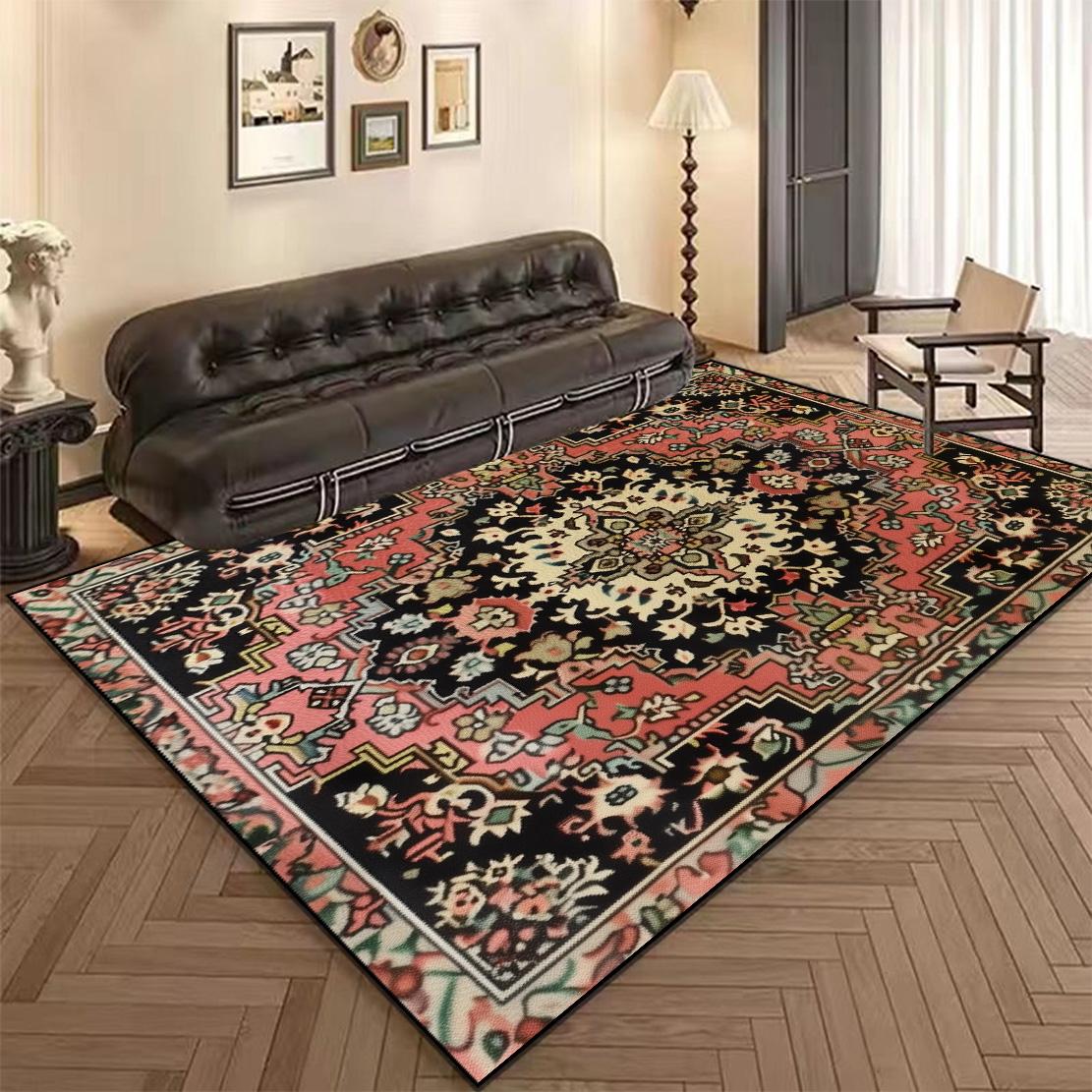 Großflächiger Perserteppich Wohnzimmer Retro Dekoration Sofatisch Bereichsteppiche für Schlafzimmer Lounge Rutschfeste Bodenmatte Waschbar Tapete 60x90cm black