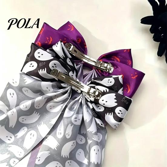 Ghost Hair Clip Halloween Silky Satin Bows for Women, Big Ribbon Bow Clips Girls, Long Streamer Oversized Tail Barrettes, Cute Bat Spider Web Pumpkin