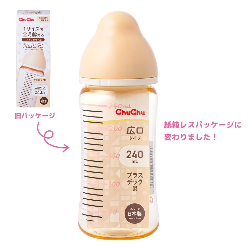 ChuChu Multi-Fit Wide Mouth Plastic Baby Bottle, 240mL, with Nipple, Made In Japan, for Newborns and Weaning, All Ages
