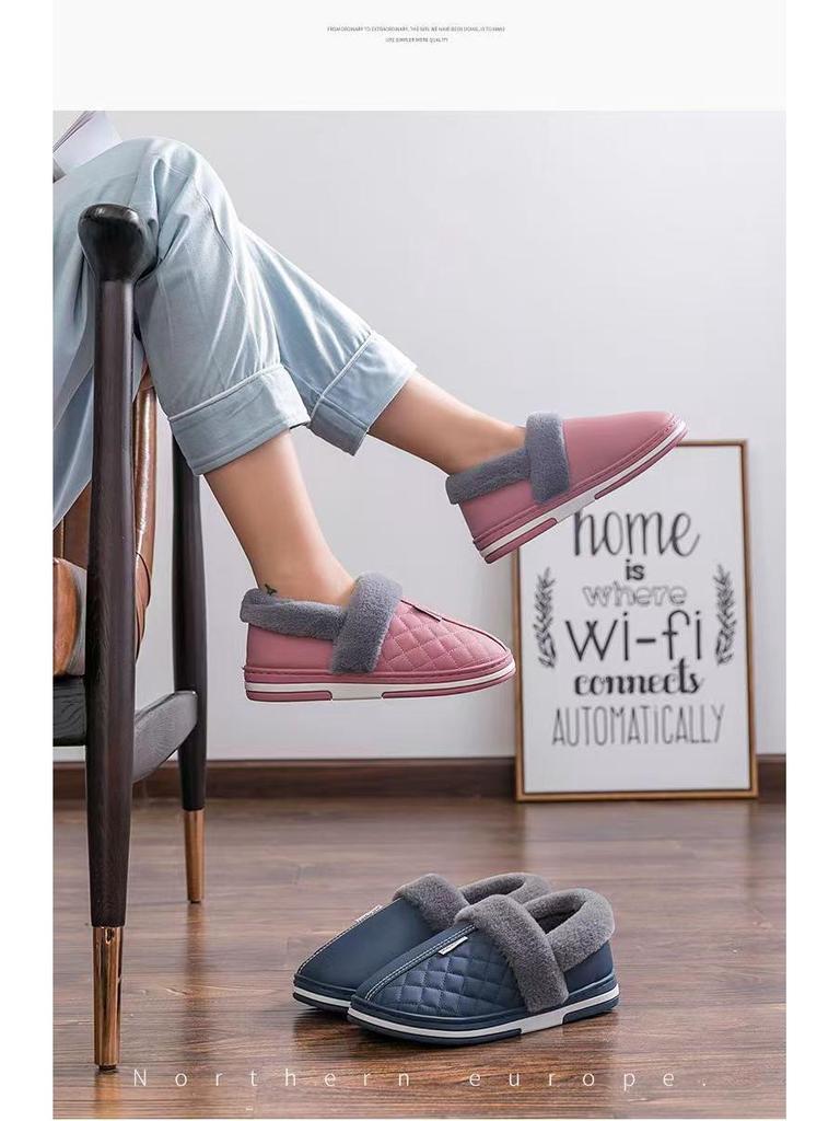 2024 Men's Winter Waterproof Non-Slip PU Heeled Cotton Slippers - Thick-Soled, Warm Indoor/Outdoor Footwear