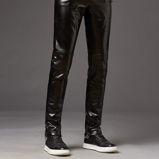 Pantaloni Skinny da Uomo Superficie Lucida Monocolore Chiusura a Zip Vita Media Pantaloni in Ecopelle Vestibilità Slim Pantaloni da Motociclista Streetwear