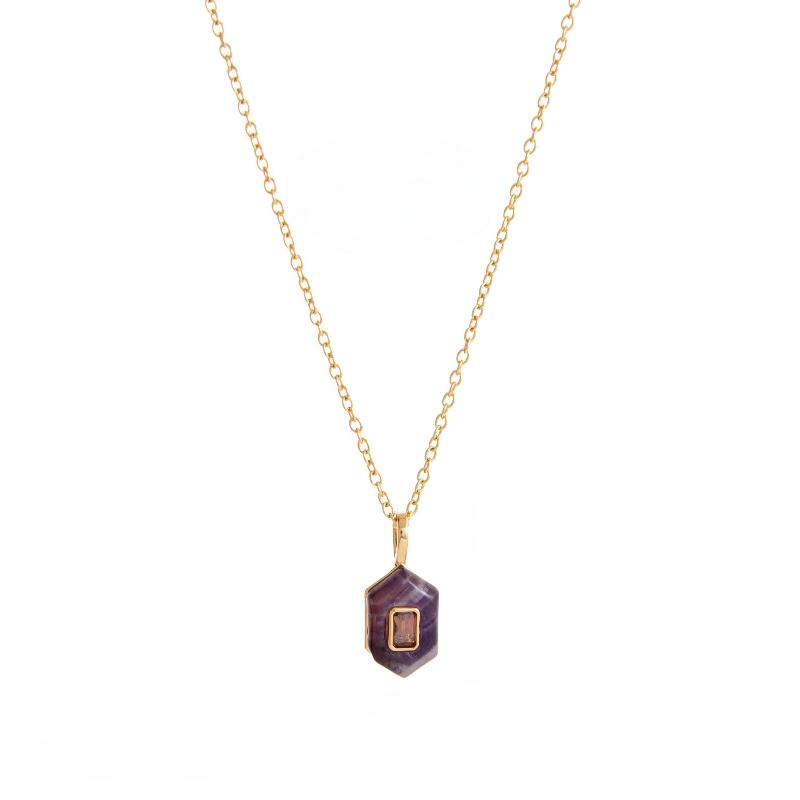 

1Pcs Diy Decor Fashionable Hexagonal Natural Stone Jewelry Zirconium Pendant Necklace With Gold Plating And Color Preservation as the picture