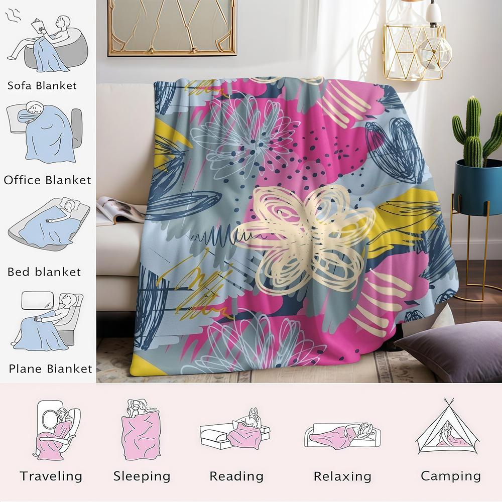 Abstract Floral Doodles Flannel Blanket Warm Soft Halloween Christmas Couch Warm Cozy Decorative Decor Gift For All Season