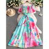 Super Nice Unique Beautiful Print Frill off-Shoulder Dress Women Summer Vacation Waist Hugging Slimming Big Hemline Long Dress