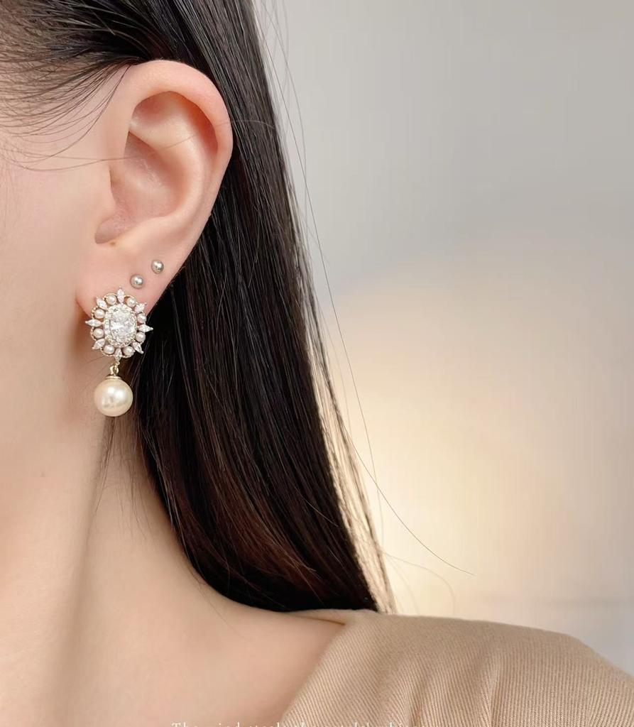 Sparkling Zircon Pearl Earrings Geometric Chandelier Dangle Earrings for Daily or Party Women