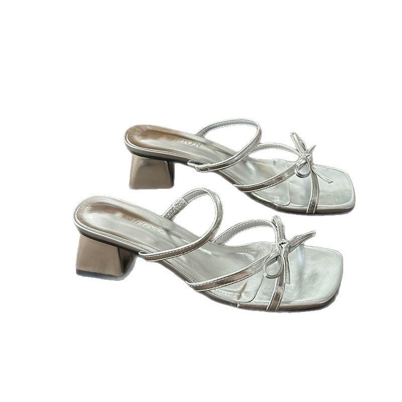 Beautiful with skirt silver sandals women's new summer bow cool slippers thick high heels