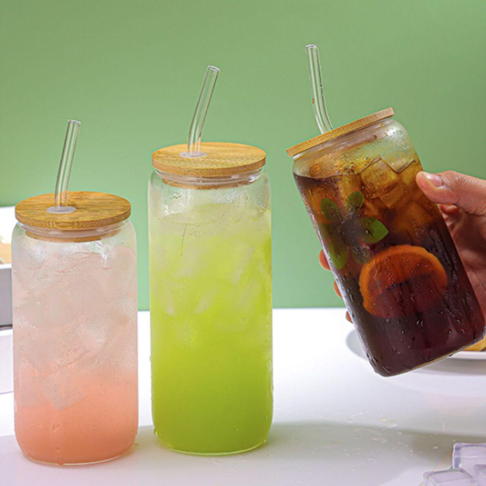 With Straw and Lid Glass Can Shaped Cups Spill-Proof Bubble Tea Cup Glass Drink Cup  Milk Tea