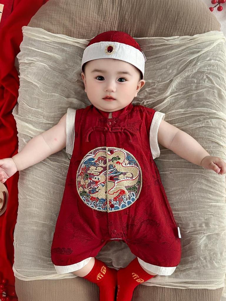 Boys' Chinese Festive Romper: Summer Harem Crawling Suit for First Birthday Banquet (Style 5303).