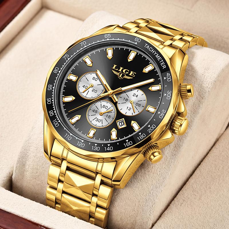 LIGE New Luxury Gold Men Watch Outdoor Sports Wateproof Chronograph Quartz Wristwatch Business Sport Male Clock Montre Homme+BOX