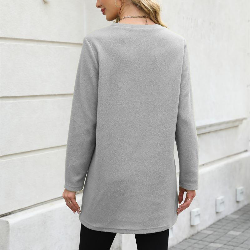 Spring Autumn Women's Mid Length Hoodie Pocket Round Neck Pullover Top Pullovers & Long Sleeves Women’s