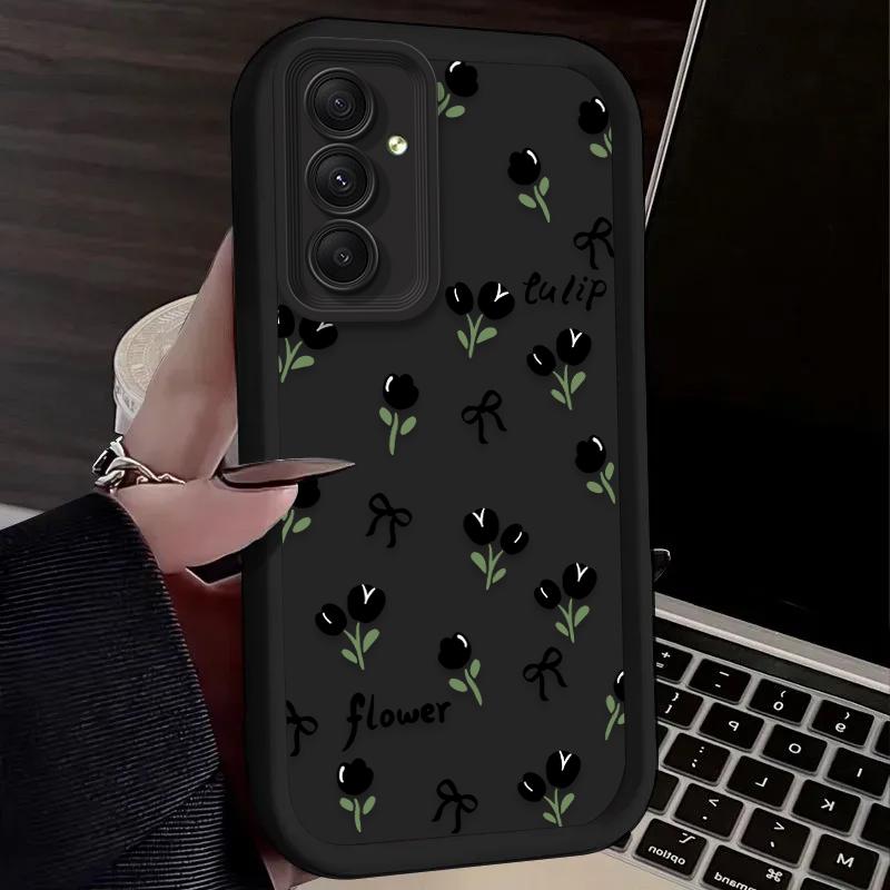 Black Flower Phone Case For Samsung Galaxy S25 S24 S23 Plus S22 S21 Ultra 24 FE Plus A15 A35 A54 A55 5G Shockproof Soft Cover