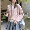 Autumn Winter Sweet Lace Patchwork Bow Casual Fashion Knitting Cardigan Top Women Pearl Button Sweater Coat