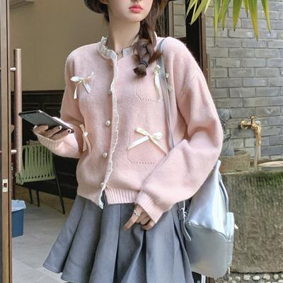 Autumn Winter Sweet Lace Patchwork Bow Casual Fashion Knitting Cardigan Top Women Pearl Button Sweater Coat