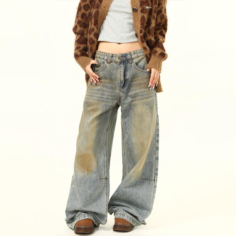 Washed Distressed Straight-Leg Jeans - Retro Loose Fit Wide-Leg for Men & Women M синий