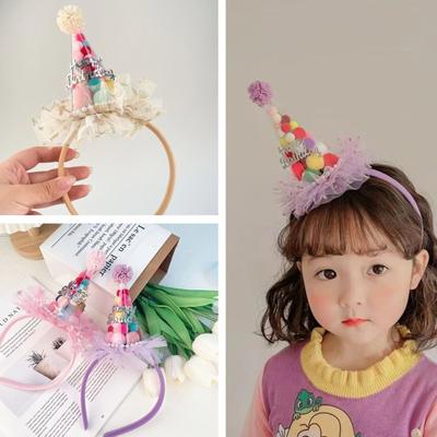 Candy Ball Birthday Hat Headband Multicolor Birthday Hairband Fairy Lace Mesh Hair Hoop  Girls