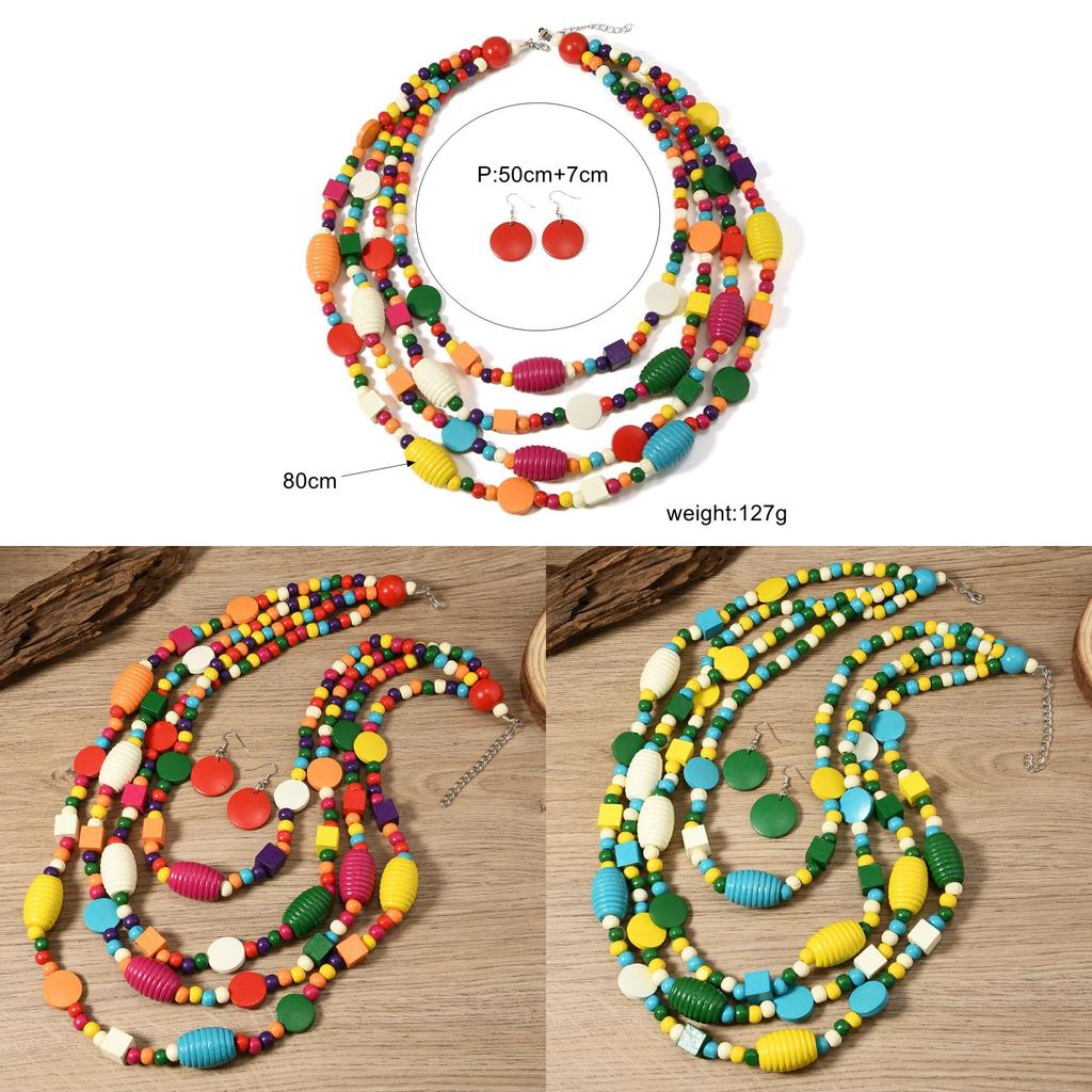 Bohemian Colorful Multilayer Wooden Beaded Necklace With Geometric Design For Women