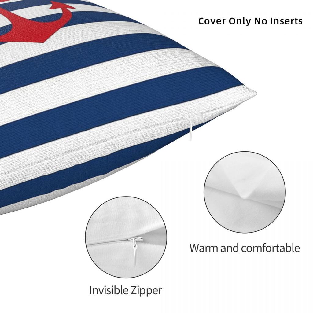 Red Anchor Navy Blue Stripes Square Pillowcase Polyester Linen Velvet Creative Zip Decor Pillow Case Room Cushion Cover 18"