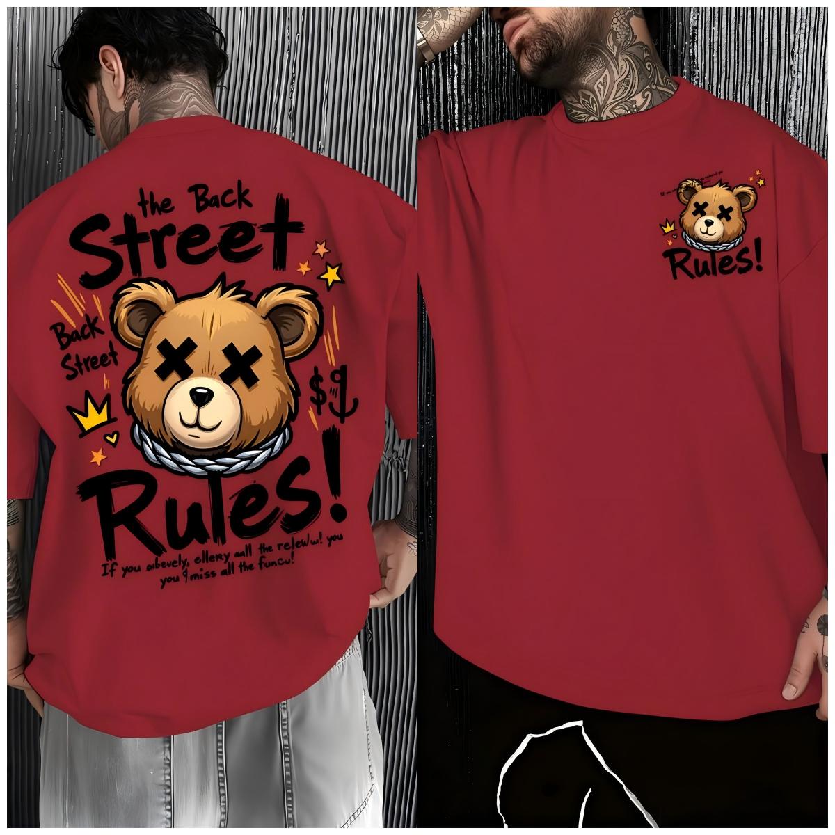 

European and American mens new teddy bear graffiti print comfortable and breathable round neck Tshirt outdoor street style top 4XL