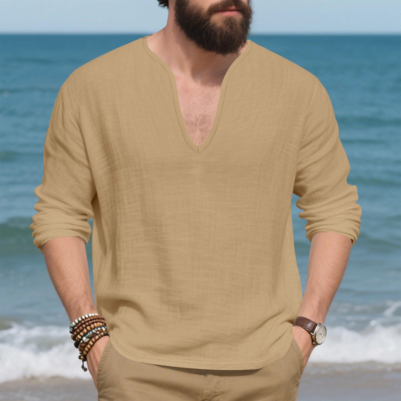

Mens Linen Shirts Loose Fit Long Sleeve T Shirt Solid V Neck Hippie Yoga Pullover M хаки