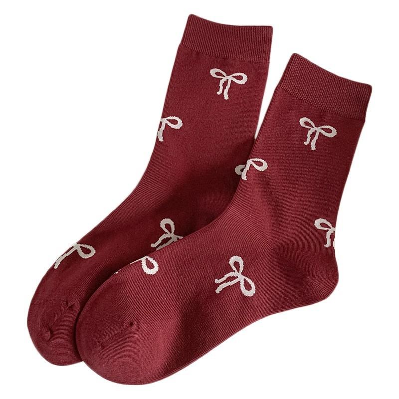 Socks Pure Cotton Medium Tube Socks Spring And Autumn Versatile Bow Love Ankola Red Cotton Stacking Socks Women