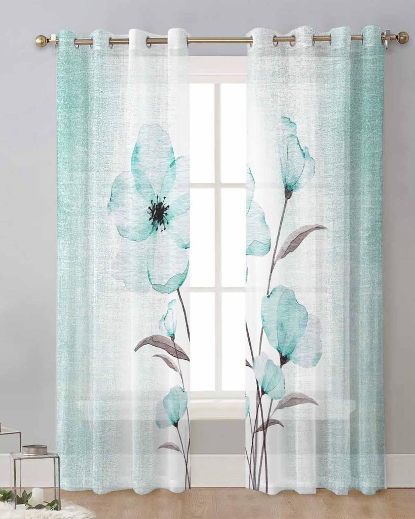Flower Gradient Turquoise Sheer Curtains for Living Room Decoration Window Curtains for Kitchen Tulle Voile Organza Curtains
