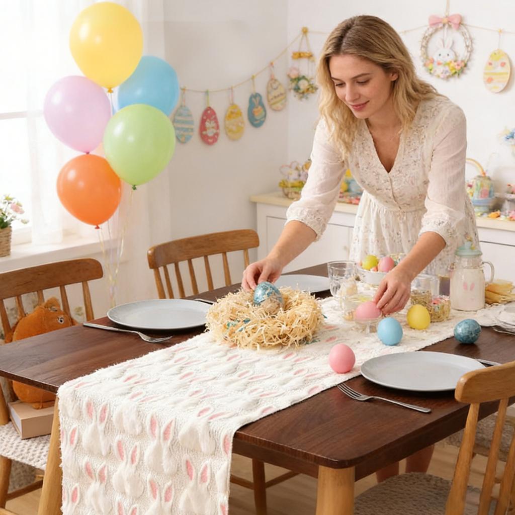 Artscope Ears Soft Plush Faux Easter Bunny Table Runner, Holiday Kitchen Dining Table Decoration For Easter Home Party Decor