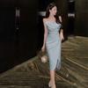 Real Shot Summer New French Blue High-end Atmosphere Fashion Slim Temperament Women's Design Suspender Dress