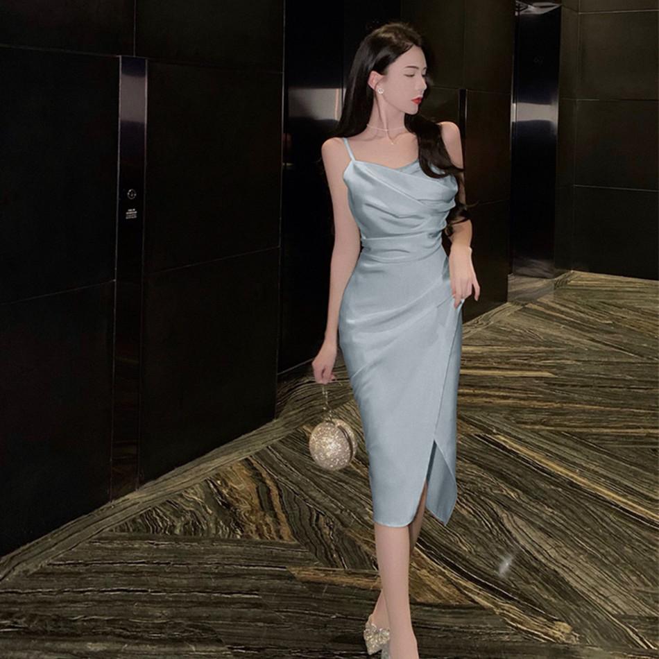 Real Shot Summer New French Blue High-end Atmosphere Fashion Slim Temperament Women's Design Suspender Dress