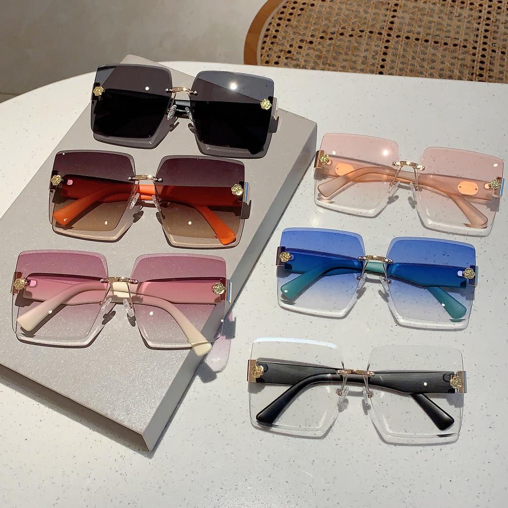 Rimless Square Sunglasses  New Oversized Stylish Gradient Multicolor Eyewear Trendy Women Brand Design Vintage Shades